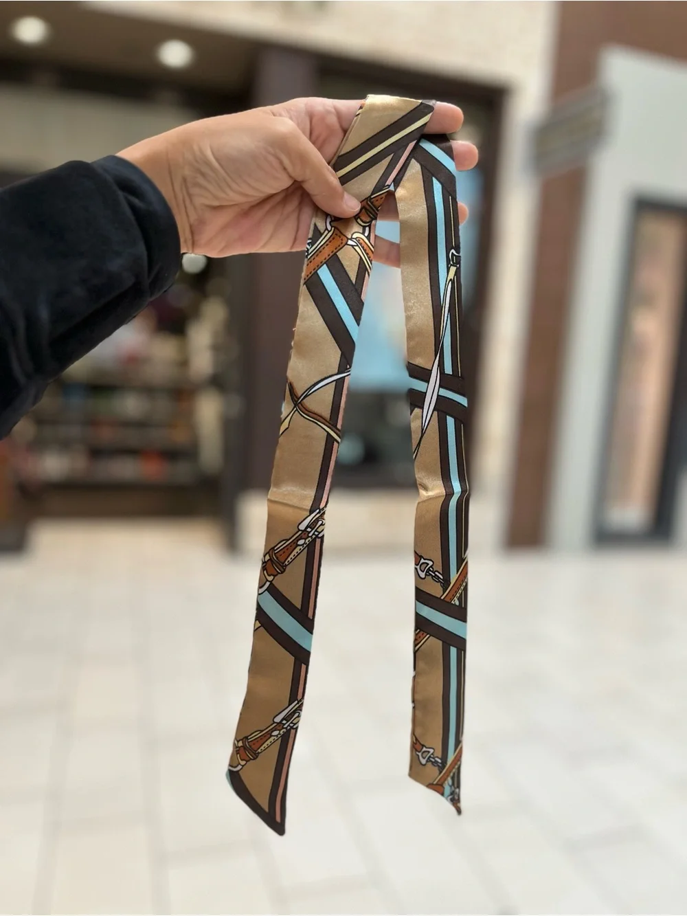 Silk Patterned Scarf Ribbon in Tan with Blue Accents